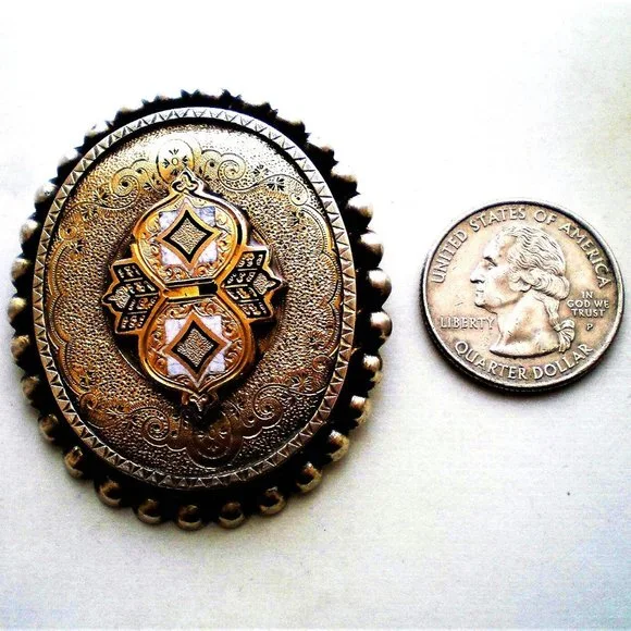 HUGE Antique Victorian 18K Gold Sterling Silver Cloisonne Enamel Brooch Pin 11 g